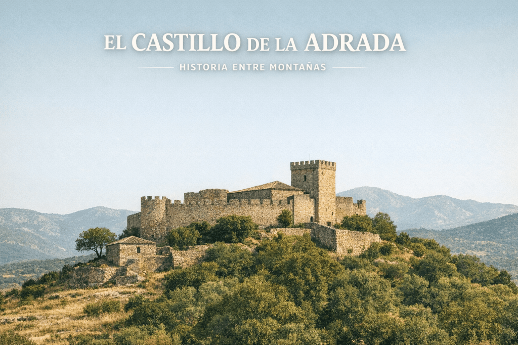 Vista del Castillo de La Adrada sobre una colina rodeada de vegetación, con montañas al fondo bajo un cielo claro. Generada por IA