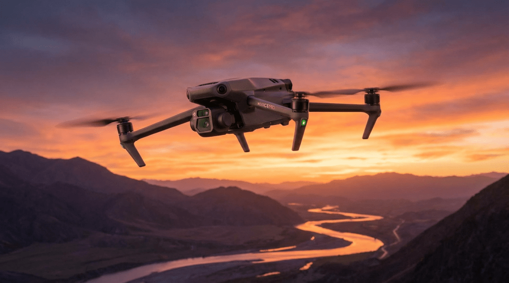 Black drone flying over winding river and mountains during sunset