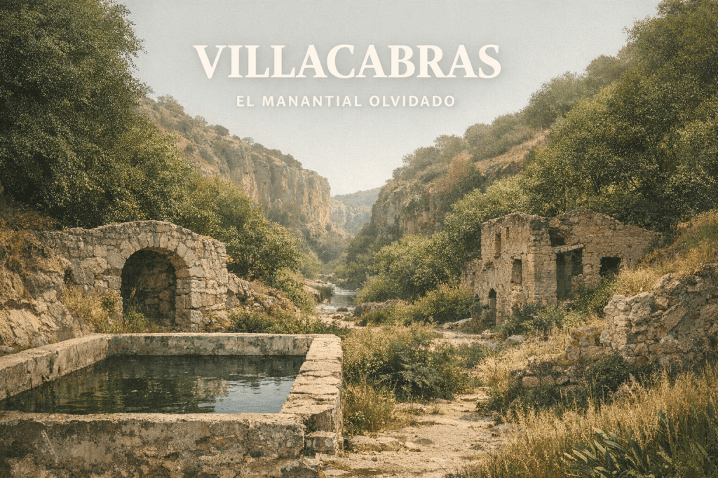 Vista del Barranco de Villacabras en Villaconejos, con ruinas de piedra y vegetación rodeando un antiguo estanque de agua mineral.