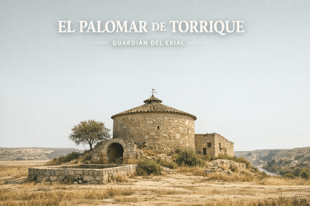 Vista del Palomar de Torrique, edificio circular de piedra con tejado cónico, en un paisaje árido y despejado. Generada por IA
