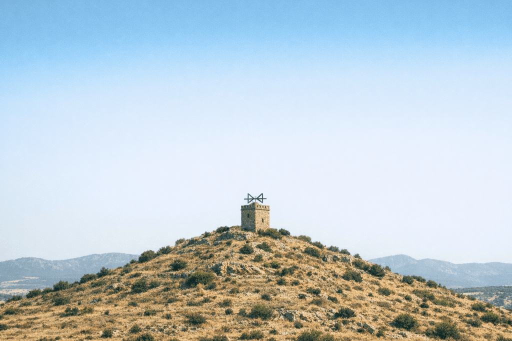 Torre de telegrafía óptica solitaria en lo alto de un monte, bajo un cielo azul claro.. Generada por IA
